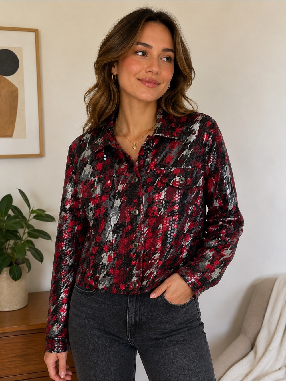 Elementz XL Red Black Gray Sequin Mosaic Shimmer Cropped Jacket Blazer